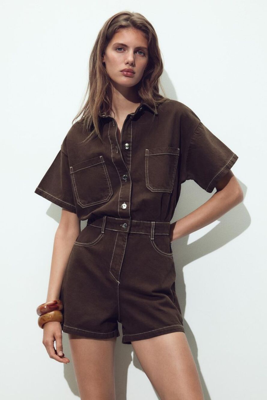 Zara Chocolate Brown Denim Playsuit Small 100% Cotton Romper Contrast Stitch